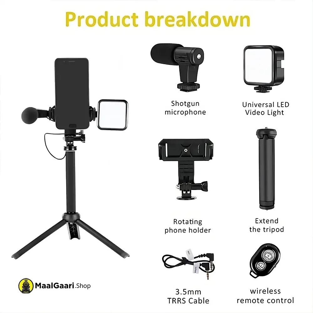 Accessories Inside Box AY 49T Flexible Phone Tripod With Microphone Filling Light Selfie Vlogging Kit - MaalGaari.Shop