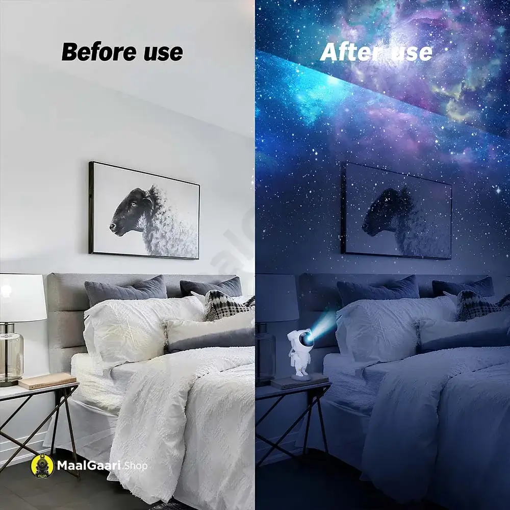 Before And After Use Astronaut Galaxy Star Projector Lamp - MaalGaari.Shop
