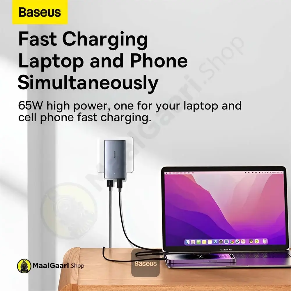 Fast Charging For Laptops As Well Baseus Gan5 Pro Ultra Slim Fast Charger C+U 65W Cn Gray With Mini White Cable Type C To C 100W 20V 5A 1 Meter - Maalgaari.shop