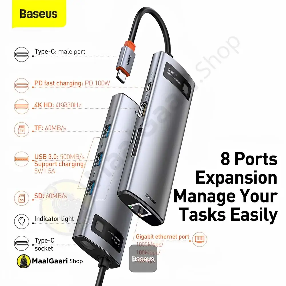 8 Multiple Ports Baseus Metal Gleam Series 8 In 1 Multifunctional Typec Hub Docking Statio - MaalGaari.Shop