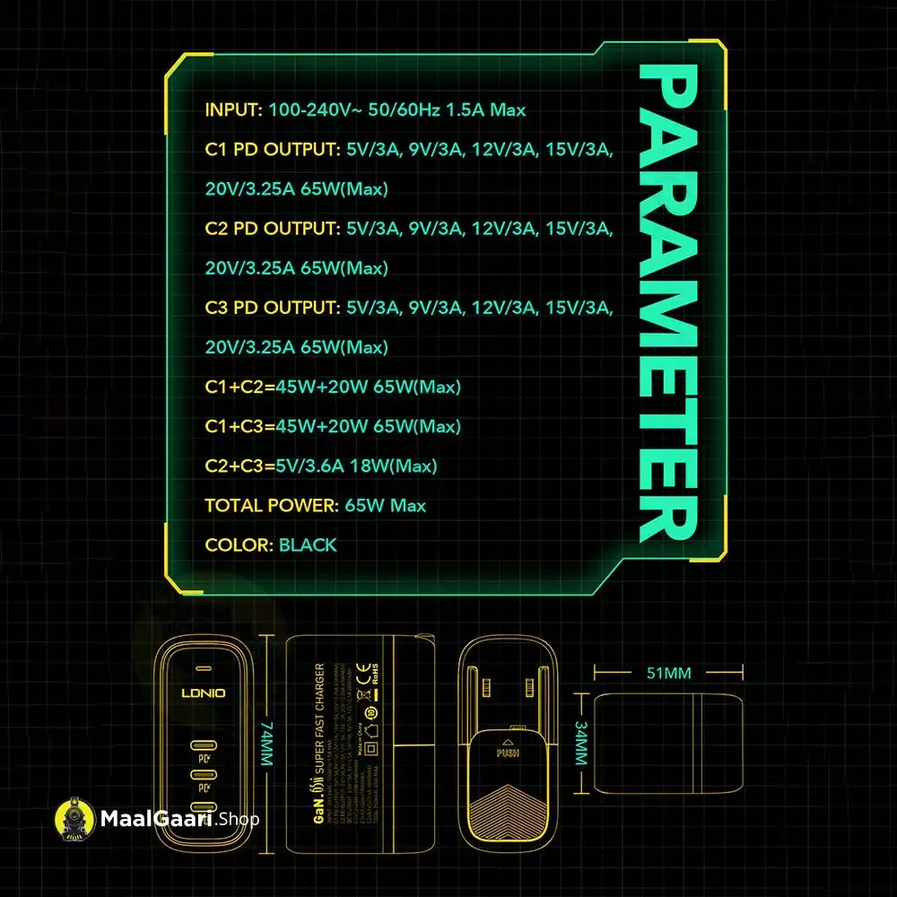 Parameters Ldnio 65 Watts Usb C Charger - MaalGaari.Shop