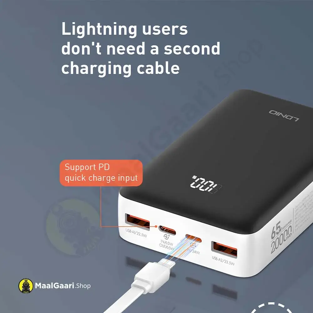 Build In Lightning Cable Ldnio Pq27 20000mah 65w Power Bank - MaalGaari.Shop